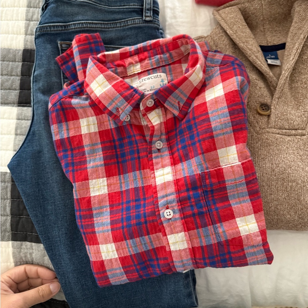 Crewcuts Vibrant Plaid Shirt, Jeans and Sweater
